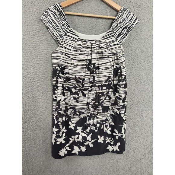 BCBGMaxAzria Black White Floral Cap Sleeve Shift Dress Garden Party Chic Small - Picture 2 of 11